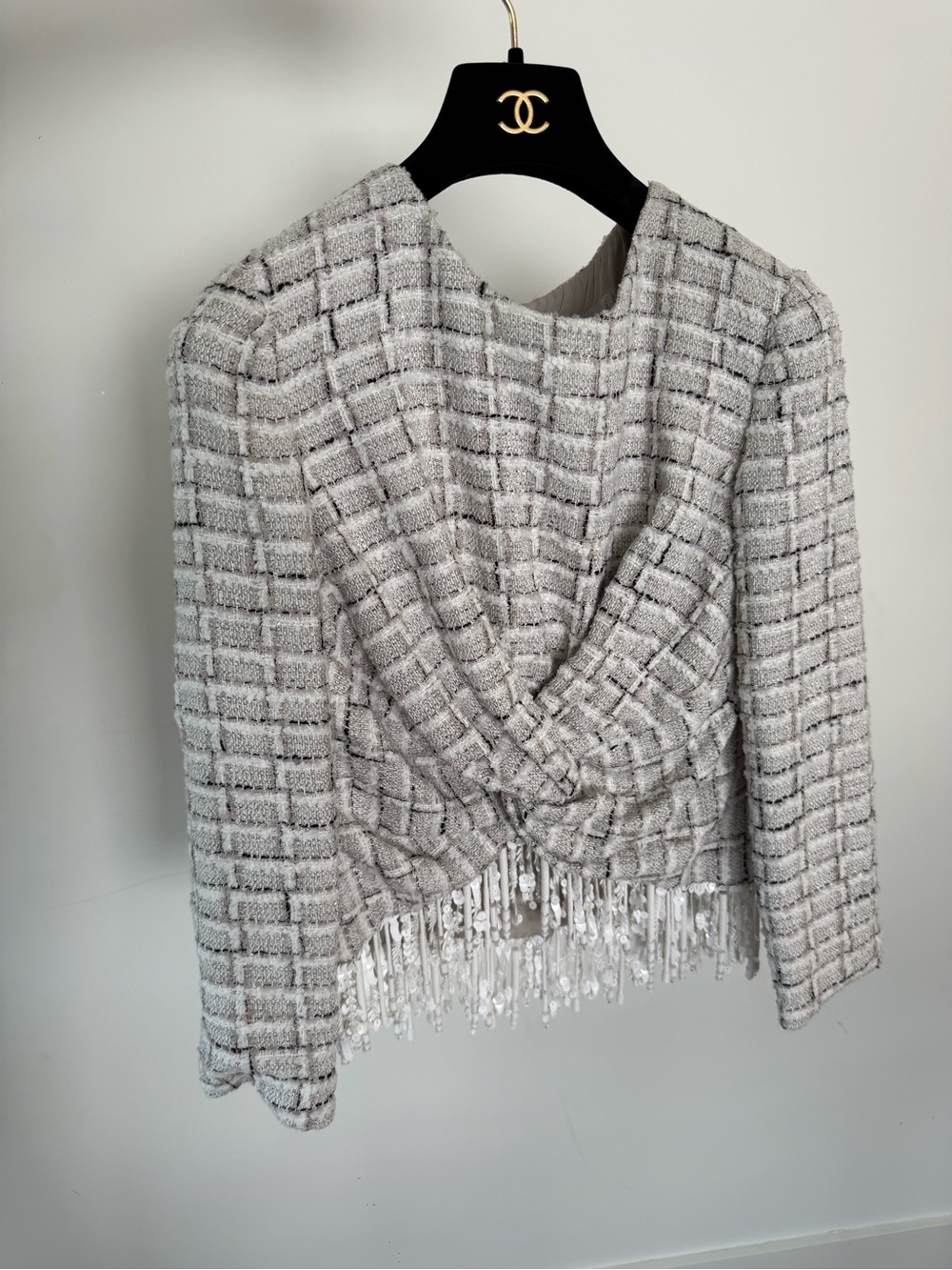 CHANEL Gray Tweed Cropped Fringe Twist Top